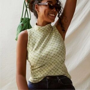 Maeve Anthropologie Green Geometric Print High Neck Top Size Small